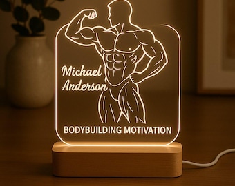 Bodybuilder Custom Night Light Personalized Gift with LED Base and Laser Engraved Acrylic Design