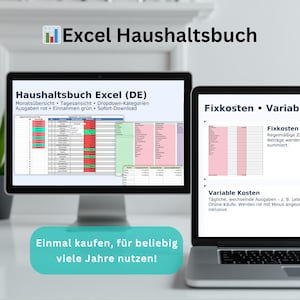 Op de afbeelding: Een computermonitor en een laptop met een Excel-spreadsheet voor huishoudbudgettering. De monitor toont een gedetailleerd maandelijks overzicht met rood en groen gekleurde items. De laptop toont secties voor vaste en variabele kosten.