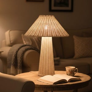 May include: A woven rattan table lamp with a conical shade and a cylindrical base sits on a round wooden table. An open book and a floral teacup are also on the table. The scene is warmly lit, suggesting a cozy living room setting.