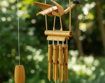 Bamboo Crane Wind Chime, Handmade Rustic Bamboo Chimes, Garden Outdoor Zen Decor Gift
