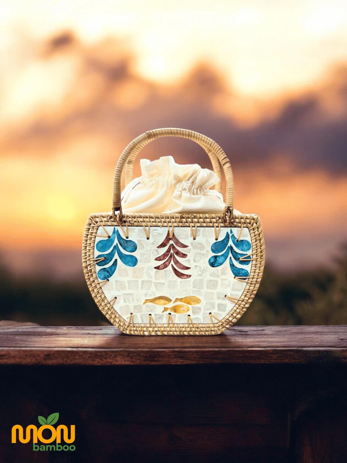 Handwoven Rattan Bag With Mother of Pearl Inlay, Coastal Artisan