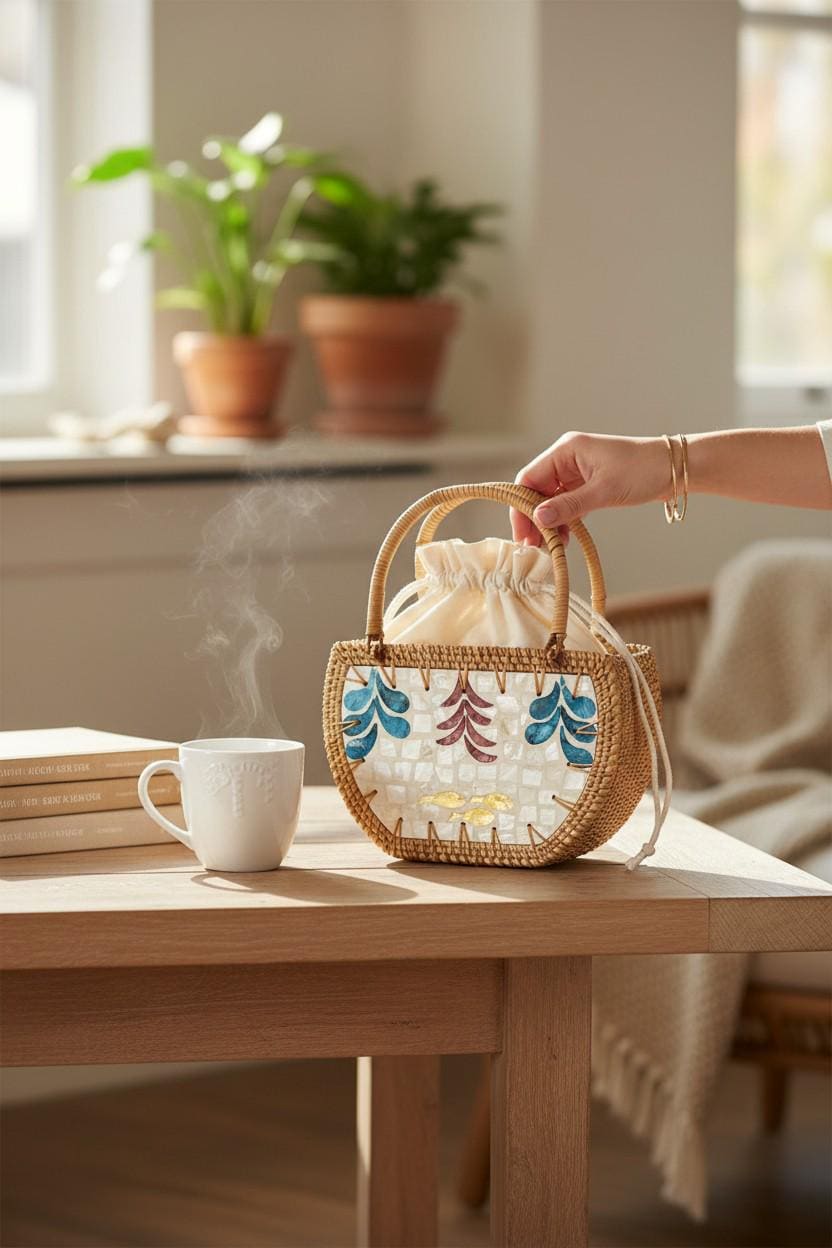Handwoven Rattan Bag With Mother of Pearl Inlay, Coastal Artisan