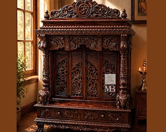 Mandir de madera artesanal con cajón / Templo doméstico con acabado en nogal oscuro