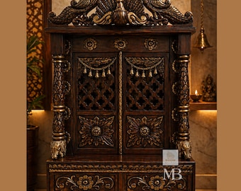 Luxus Holz Mandir für Haus mit Türen und Schubladen | Pooja Mandir Möbel