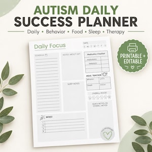 Op de afbeelding: Een witte papieren planner getiteld Autism Daily Success Planner met secties voor dagelijkse focus, schema, notities, medicatiechecklist, maaltijdtracker, slaapnotities en successen, inclusief een printbare en bewerkbare badge.