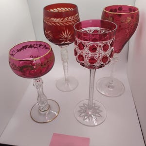 4 Red bohemian/Czech, cut to clear, crystal glasses