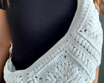 Handmade Crochet Sling Bag: White Cotton Boho Crossbody