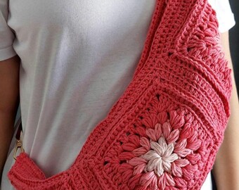 Handmade Crochet Sling Bag: Pink Cotton Boho Festival Bag