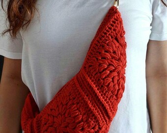 Handmade Crochet Sling Bag: Red Boho Crossbody with Leopard
