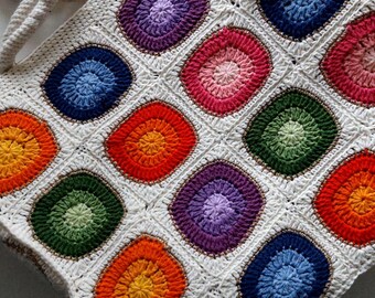 Handmade Crochet Granny Square Tote Bag: Colorful Boho Shopper