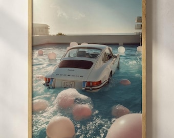 Modeposter oude geldauto, vintage modetijdschrift Porsche-poster, retro mode canvaskunst, luxe mode print, ouderwetse, kunst aan de muur