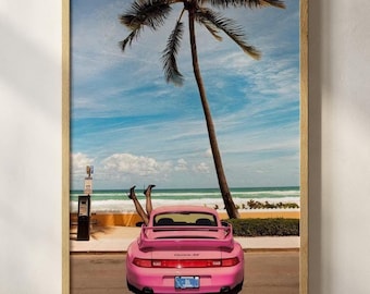 Modeposter oude geldauto, vintage modetijdschrift Porsche-poster, retro mode canvaskunst, luxe mode print, ouderwetse, kunst aan de muur