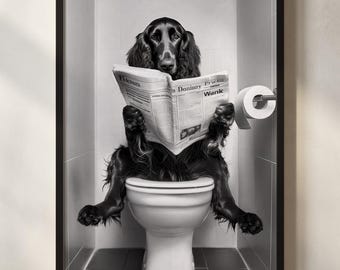Póster de perro divertido para pared de baño / Impresión humorística de perro blanco y negro en el inodoro / Decoración original para baño / Idea de regalo única