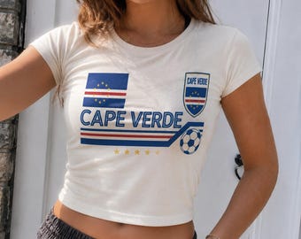 Cape Verde Baby Tee Vintage Y2K Style Soccer Graphic Shirt Bella Canvas 1010 Micro Rib Top 90s Aesthetic Women's Cropped Tee Flag Shirt