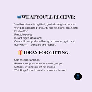 K&ouml;nnte beinhalten: Eine digitale Download-Grafik mit dem Text "WHAT YOU'LL RECEIVE:" und "IDEAS FOR GIFTING:" in einem lila und wei&szlig;en Farbschema. Der Text beschreibt ein Burnout-Workbook f&uuml;r Pflegekr&auml;fte und Geschenkideen f&uuml;r die Selbstpflege.