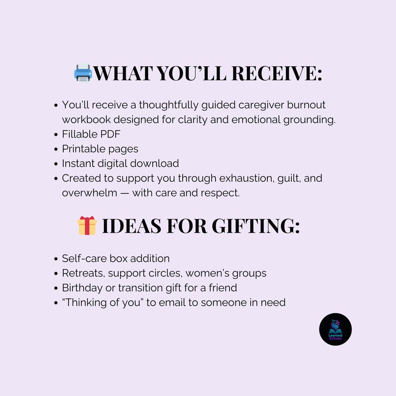 K&ouml;nnte beinhalten: Eine digitale Download-Grafik mit dem Text "WHAT YOU'LL RECEIVE:" und "IDEAS FOR GIFTING:" in einem lila und wei&szlig;en Farbschema. Der Text beschreibt ein Burnout-Workbook f&uuml;r Pflegekr&auml;fte und Geschenkideen f&uuml;r die Selbstpflege.