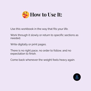 K&ouml;nnte beinhalten: Helllila Grafik mit dem Text &bdquo;How to Use It:&ldquo; und Anweisungen zur Verwendung eines Arbeitsbuchs. Die Anweisungen umfassen das Arbeiten in Ihrem eigenen Tempo, das digitale Schreiben oder Drucken von Seiten und die bei Bedarf R&uuml;ckkehr zu Abschnitten.