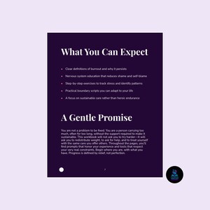 K&ouml;nnte beinhalten: Ein Arbeitsbuch mit den Titeln "What You Can Expect" und "A Gentle Promise" auf lila Hintergrund. Der Text listet Themen wie Burnout-Definitionen, Stress&uuml;bungen und nachhaltige Pflege auf. Ein Logo befindet sich in der unteren rechten Ecke.