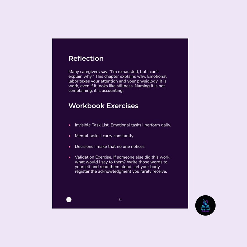 K&ouml;nnte beinhalten: Eine lila-wei&szlig;e Grafik mit dem Titel &bdquo;Reflexion&ldquo; und dem Text &bdquo;Workbook Exercises&ldquo;. Der Text beschreibt emotionale Arbeit und enth&auml;lt &Uuml;bungen wie das Erkennen unsichtbarer Aufgaben und die Selbstbest&auml;tigung.