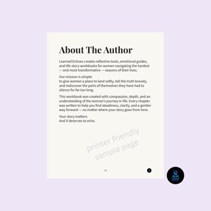 K&ouml;nnte beinhalten: Eine wei&szlig;e Seite mit der &Uuml;berschrift "About The Author" und Text, der ein Arbeitsbuch beschreibt. Der Text erkl&auml;rt den Zweck des Arbeitsbuchs, Frauen bei der Bew&auml;ltigung der Herausforderungen des Lebens zu helfen. Der untere Teil der Seite enth&auml;lt den Text "printer friendly sample page".