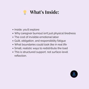 K&ouml;nnte beinhalten: Hellviolette Grafik mit dem Text "What's Inside:" und Aufz&auml;hlungspunkten zu Burnout bei Pflegekr&auml;ften, emotionaler Arbeit und Grenzen. Oben links befindet sich ein Gl&uuml;hbirnen-Symbol. Das Logo von Learned Counsel befindet sich unten rechts.