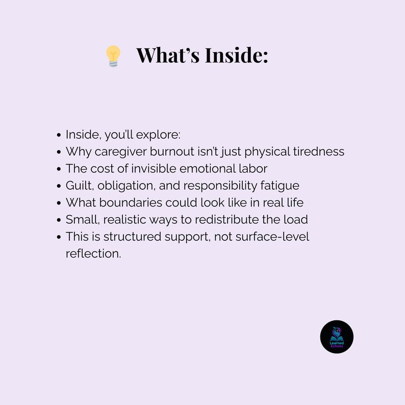 K&ouml;nnte beinhalten: Hellviolette Grafik mit dem Text "What's Inside:" und Aufz&auml;hlungspunkten zu Burnout bei Pflegekr&auml;ften, emotionaler Arbeit und Grenzen. Oben links befindet sich ein Gl&uuml;hbirnen-Symbol. Das Logo von Learned Counsel befindet sich unten rechts.
