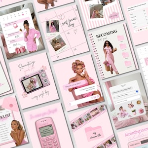 Könnte beinhalten: Eine Sammlung digitaler Planervorlagen in einer rosa Farbpalette, die verschiedene Layouts mit Kalendern, Checklisten, Fotorahmen und Textelementen wie 'Becoming that girl', 'Romanticize your life' und 'my dream life' enthält.