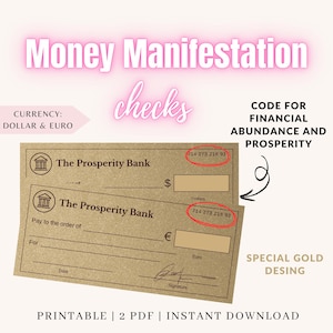 Puede incluir: Dos cheques "Money Manifestation" de color beige de "The Prosperity Bank" con el texto "Money Manifestation checks". Los cheques incluyen opciones de moneda en dólares y euros, con el texto "CODE FOR FINANCIAL ABUNDANCE AND PROSPERITY".
