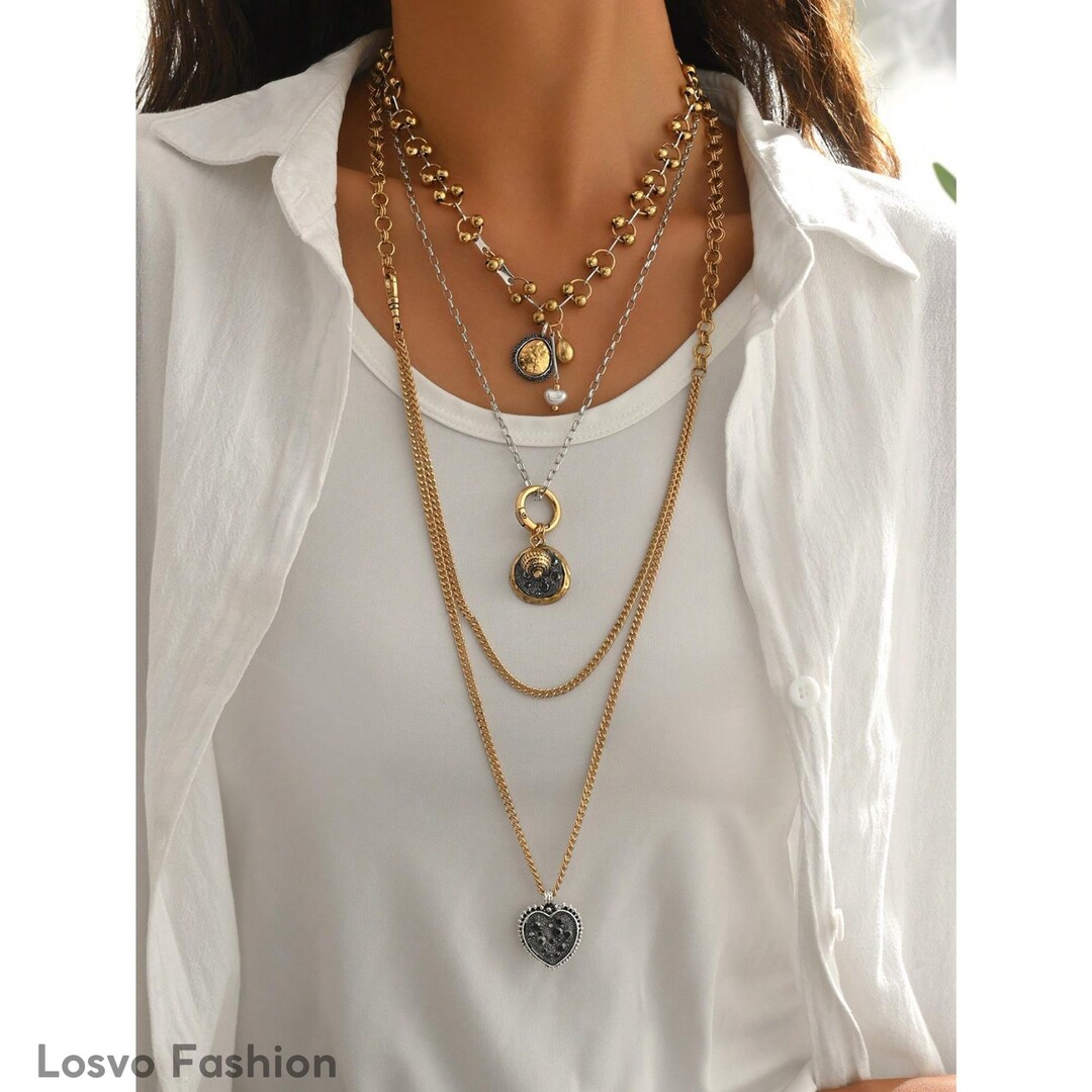 Distressed Metal Heart Pendant Necklace Set, Asymmetrical Vintage ...