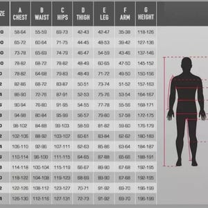 Puede incluir: Una tabla de tallas con filas para las tallas 120 a 64 y columnas de la A a la G para pecho, cintura, caderas, muslo, pierna, brazo y altura. A la derecha hay una silueta negra de una figura humana con l&iacute;neas rojas indicando los puntos.