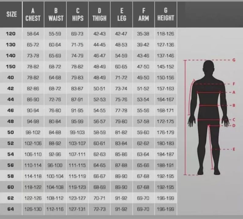 Puede incluir: Una tabla de tallas con filas para las tallas 120 a 64 y columnas de la A a la G para pecho, cintura, caderas, muslo, pierna, brazo y altura. A la derecha hay una silueta negra de una figura humana con l&iacute;neas rojas indicando los puntos.
