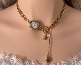 Collar con reloj estilo gótico steampunk, gargantilla dorada con colgante de estrella y dije de candado, joyería retro con forma de reloj, regalo elegante para mujer.