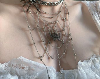 Gothic Spider Web Necklace,Y2K Layered Chain Choker,Creepy Emo  Jewelry,Punk Choker Statement Jewelry, Halloween Costume Accessories