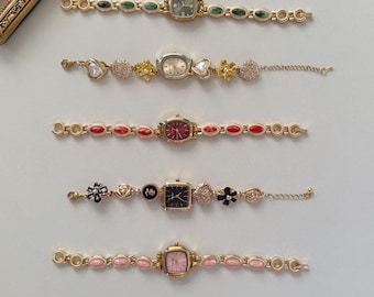 Romantic Gold Gemstone Watch Bracelet, Red & Pink Crystal Charms,Vintage Style Small Dial Watch,Boho Chic Jewelry Gift for Her
