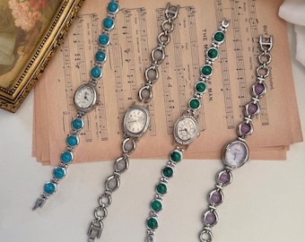 Vintage Gemstone Watch Bracelet, Silver Jewelry Watch with Turquoise Green Purple Stones, Retro Elegant Antique Style Watch for Women