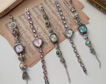 Splitter Armbanduhr Armband für Frauen,Herz Quadrat Armbanduhr,niedliche Pastell Armbanduhr Armband,Blumen Charm Armbanduhr,Armband,Elegante Uhr Geschenk