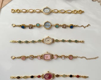 Montre-bracelet personnalisable en or, montre-bracelet vintage personnalisable en cristal de pierre, montre à quartz raffinée rétro personnalisée pour dames