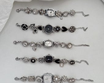 Handmade Vintage Silver Watch Bracelet,Decorative Charm Jewelry Watch with Black and Crystal Accents,Aesthetic Jewelry Gift
