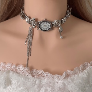 Vintage Watch Choker Necklace for Women – Gothic Silver Statement Jewelry with Charms,Adjustable Victorian Clock Pendant,Unique Gift for Her