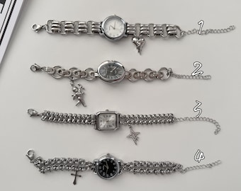 Punk Silver Watch Bracelet,Retro Gothic Punk Watch Jewelry for Men and Women,Charm Watch Bracelet,Unisex Y2k Style Wrist Watch Bracelet