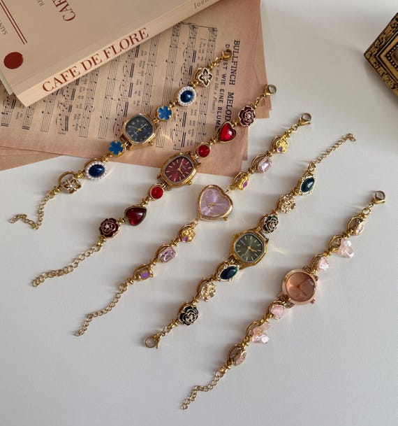 Colorful Gold Watch Bracelet ,Charms Watch Bracelet, Heart Cute Wrist Watch for Women,Small Watch Romantic Jewelry Valentine's Day gifts