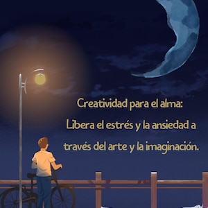 Puede incluir: Ilustración de un niño con una bicicleta bajo una farola por la noche, con una luna creciente en el cielo. El texto dice: "Creatividad para el alma: Libera el estrés y la ansiedad a través del arte y la imaginación."