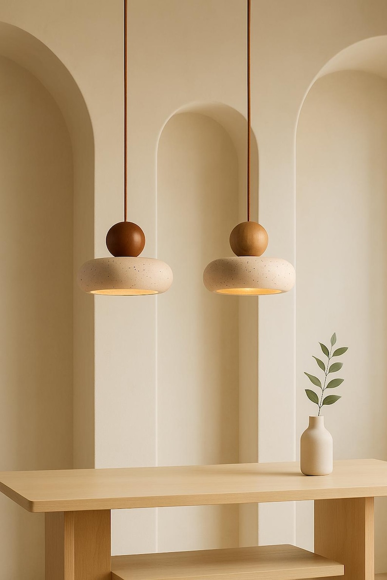 Lámpara colgante moderna de madera y piedra: lámpara colgante minimalista, iluminación de diseño natural para sala de estar, comedor o dormitorio.