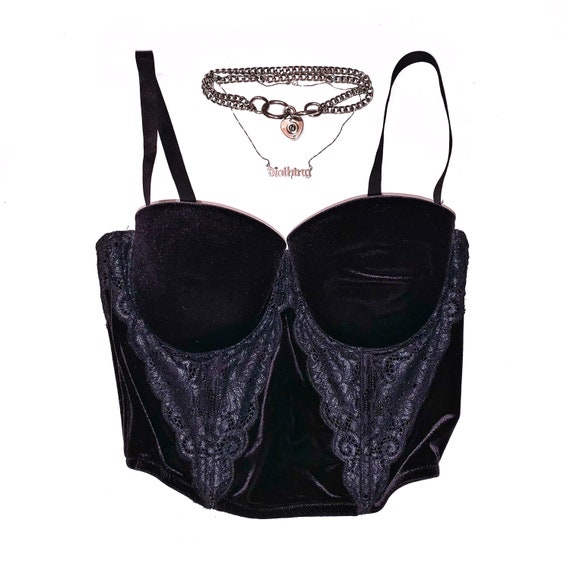 Vintage VS Black Goth Velvet Shimmer Lace Crop Cor