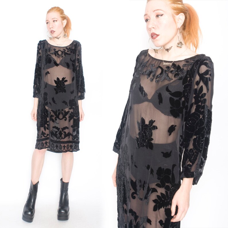 90s Does 70s Vintage Black Semi Sheer Luxe Silk Velvet Burnout Boho Hippie Tunic Dress Small