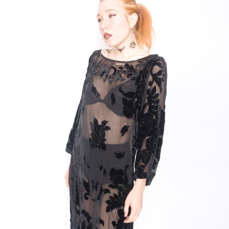 90s Does 70s Vintage Black Semi Sheer Luxe Silk Velvet Burnout Boho Hippie Tunic Dress Small