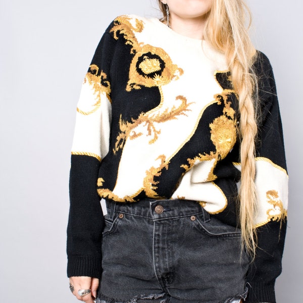 80s Vintage Baroque Gold Embroidered Crown Print Wool Sweater Jumper Black and White Medium