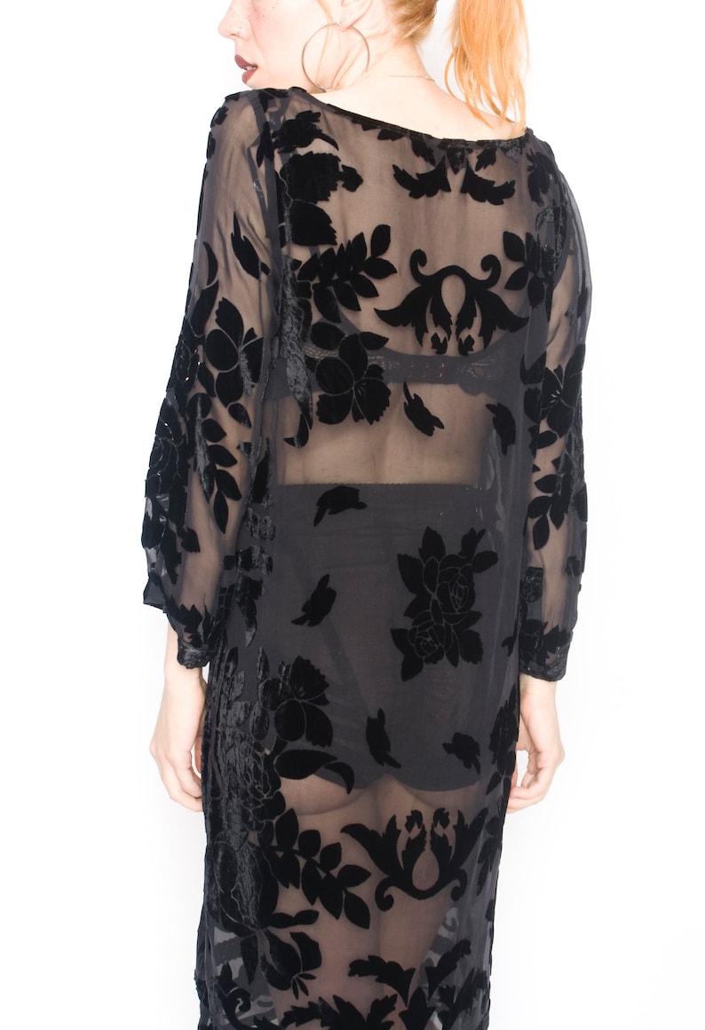 90s Does 70s Vintage Black Semi Sheer Luxe Silk Velvet Burnout Boho Hippie Tunic Dress Small