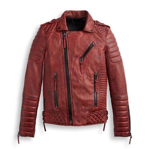 Handmade Red Distressed Leather Biker Jacket: Retro Moto Style
