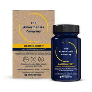 May include: A product shot of a dark blue bottle and a cardboard box. The bottle and box feature the text "The Akkermansia Company" and "DARMCOMFORT met stressmanagement". The box and bottle also display the text "30 MILJARD BACTERIEN".